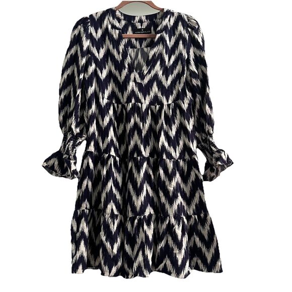 Pomander Place Navy Ikat Kenzo Dress XS/S Chevron Blue & White Tiered Tuckernuck - Picture 2 of 7